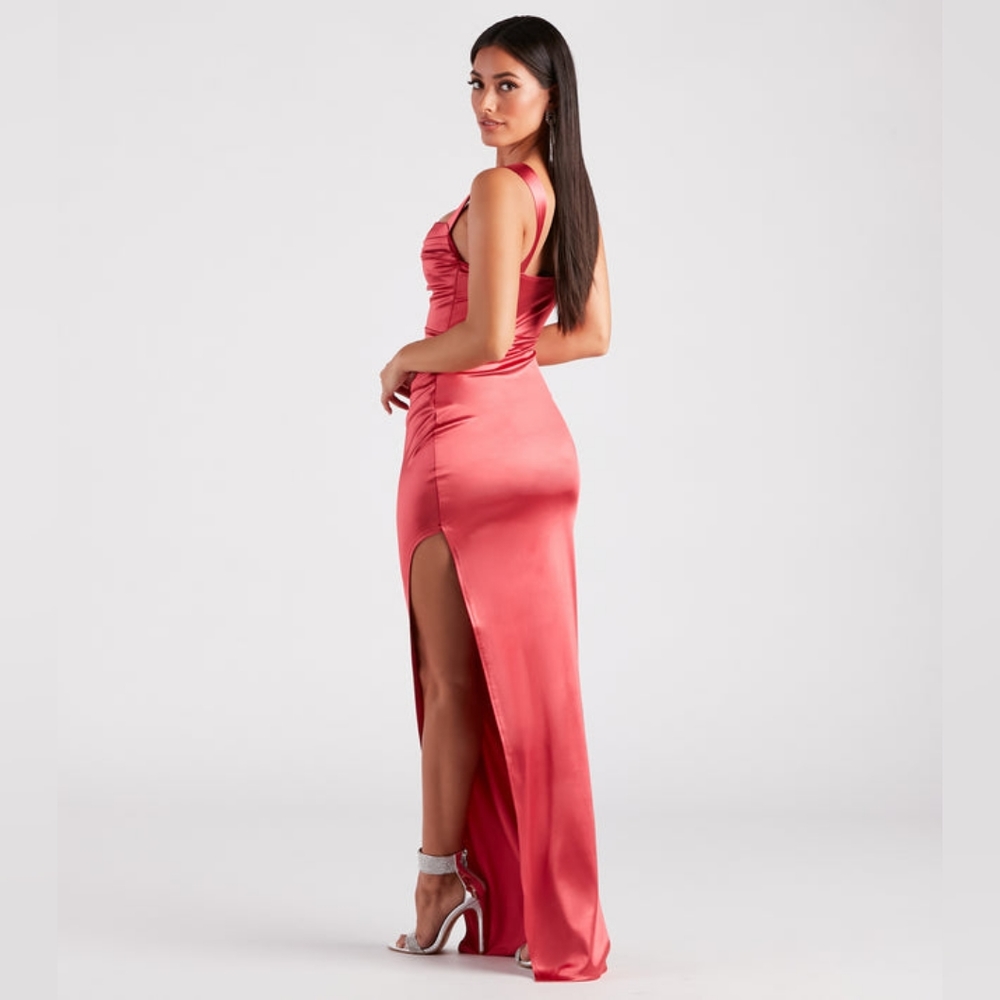 Windsor Kirsten Satin Cowl Neck High Slit Formal Dress - Picture 3 of 10